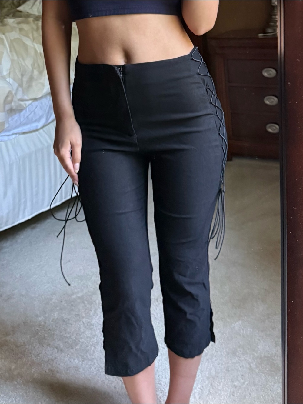 Black Lace-Up Side Capri Pants